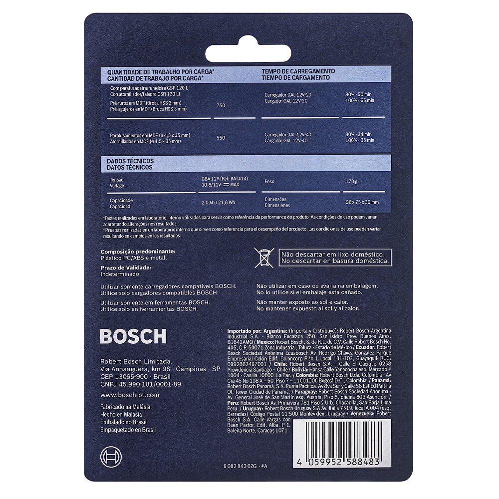 Bateria de Íons de Lítio GBA 12V 2,0 AH com Blister - Bosch