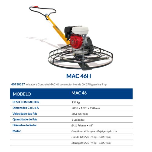 Alisadora de Concreto MAC 46 com Motor de 9HP - Menegotti