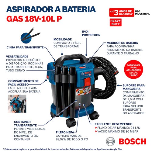 Aspirador de Pó à Bateria Premium GAS 18V-10L - Bosch
