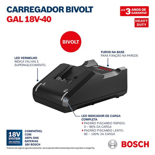 Carregador de Baterias Bivolt GAL 18V-40 - Bosch