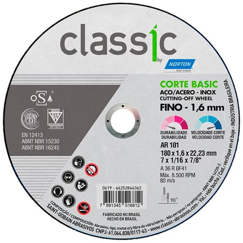 Disco de Corte Classic Basic AR101 - 180,0 x 1,6 x 22,23 - Norton