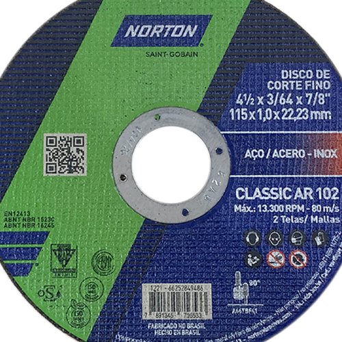 Disco de Corte Inox AR102 - 115 X 1,0 X 22,23 - Norton