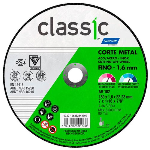 Disco de Corte Metal Inox AR102 180X1,6X22,23 - Norton