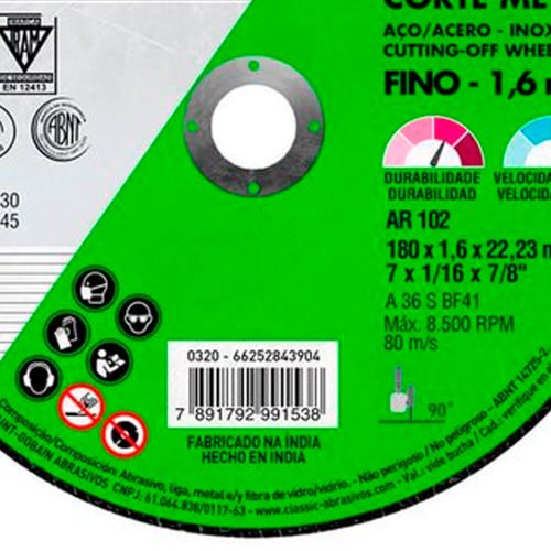 Disco de Corte Metal Inox AR102 180X1,6X22,23 - Norton