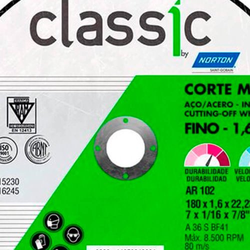 Disco de Corte Metal Inox AR102 180X1,6X22,23 - Norton