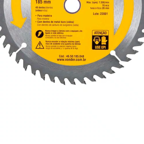 Disco de Serra Circular Metal Duro/ Vídea 185mm x 20mm 48 Dentes - Vonder