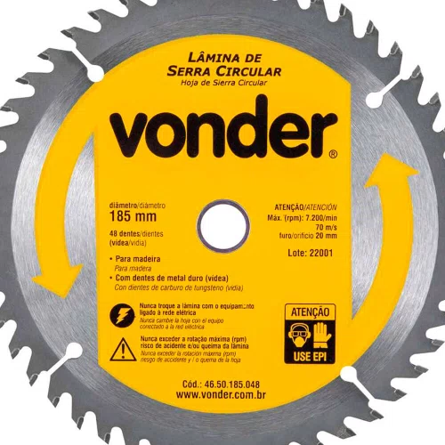 Disco de Serra Circular Metal Duro/ Vídea 185mm x 20mm 48 Dentes - Vonder