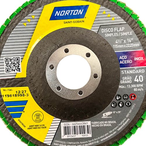 Disco Flap Standard Fibra R244 115 x 22mm Grão 40 - Norton