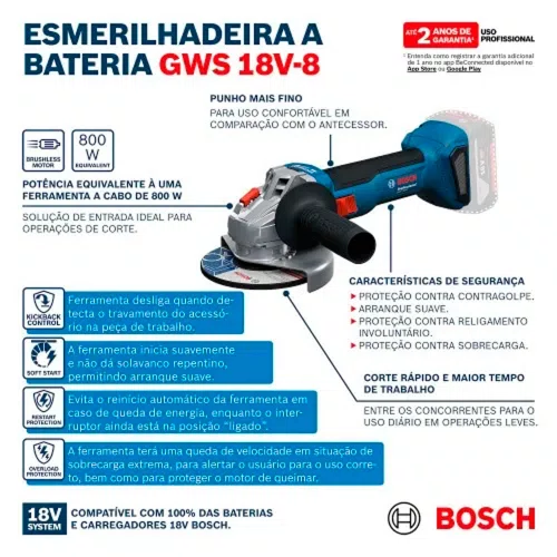Esmerilhadeira Angular 5" à Bateria 18V GWS 18V-8 SB - Bosch
