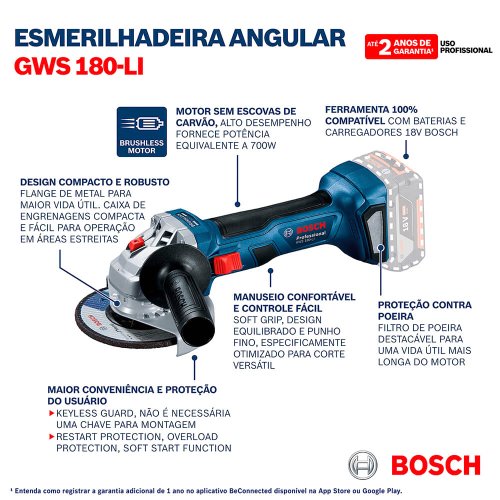 Esmerilhadeira Angular à Bateria GWS 180-LI - Bosch