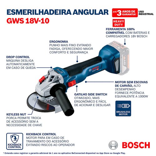 Esmerilhadeira Angular à Bateria GWS 18V-10 - Bosch