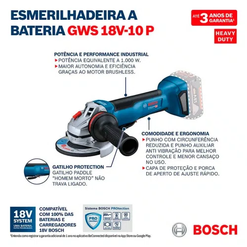 Esmerilhadeira Angular à Bateria GWS 18V - 10 PC - Bosch