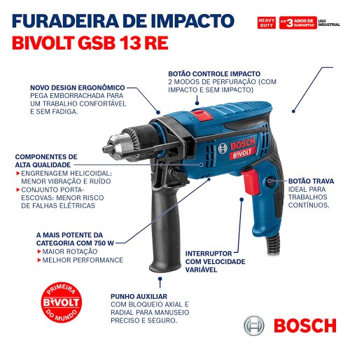 Furadeira de Impacto GSB 13 RE Bivolt - Bosch