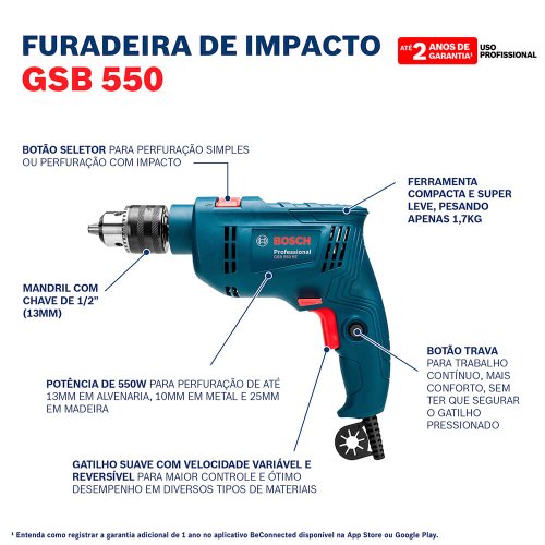 Furadeira de Impacto GSB 550 RE 220V + 14 Acessórios - Bosch