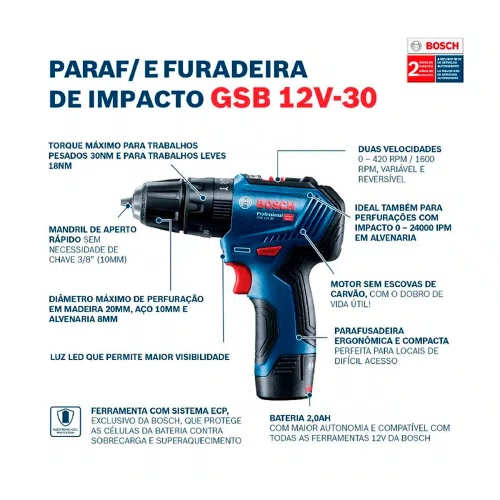 Furadeira/ Parafusadeira de Impacto à Bateria 12V GSB 12V-30 - Bosch