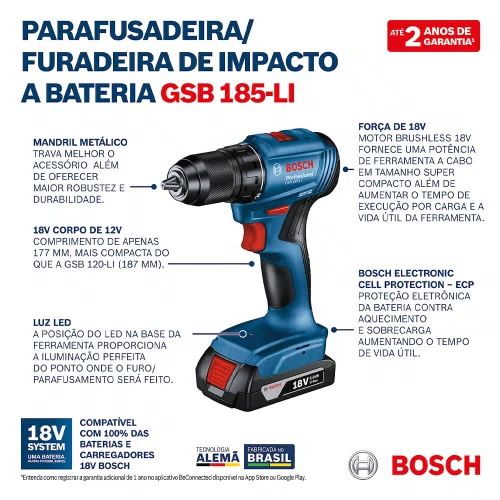 Furadeira/ Parafusadeira de Impacto à Bateria 18V GSB 185-LI - Bosch