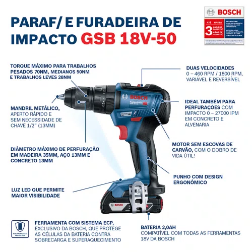 Furadeira/ Parafusadeira de Impacto à Bateria 18V GSB 18V-50 - Bosch