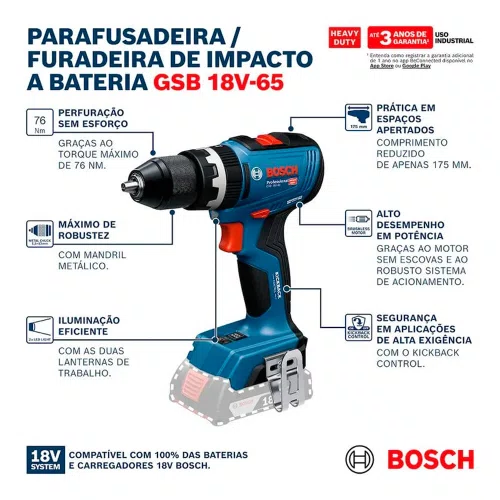 Furadeira/ Parafusadeira de Impacto à Bateria GSB 18V-65 1/2" 18V - Bosch