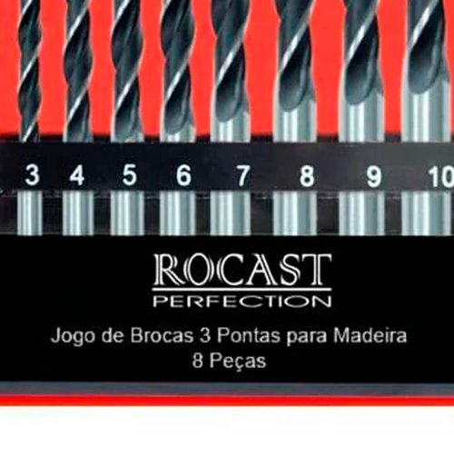Jogo de Brocas para Madeira 3 Pontas 8pçs 3.0 a 10.0mm - Rocast