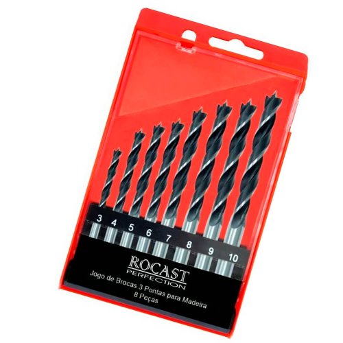 Jogo de Brocas para Madeira 3 Pontas 8pçs 3.0 a 10.0mm - Rocast