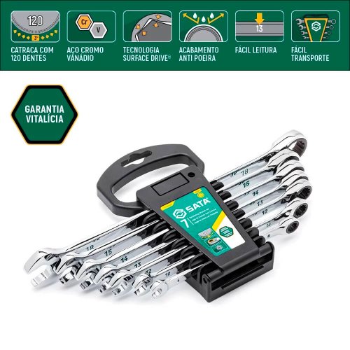 Jogo de Chave Combina Catraca 120 XP de 8 a 18 mm com 7 Peças - Sata