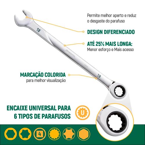 Jogo de Chave Combina Catraca 120 XP de 8 a 18 mm com 7 Peças - Sata