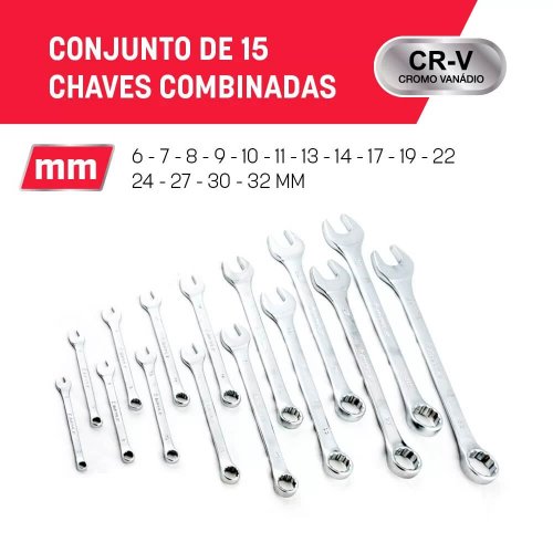 Jogo de Chave Combinada 6-32mm - 15 peças - Mayle