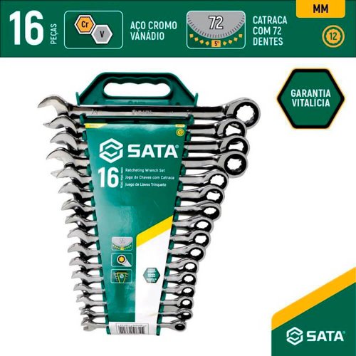 Jogo de Chave Combinada Catraca 8 a 21mm com 16 peças - Sata