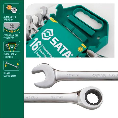 Jogo de Chave Combinada Catraca 8 a 21mm com 16 peças - Sata
