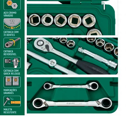 Jogo de Soquete e Chaves 1/2" 33 Peças - ST09099 - Sata