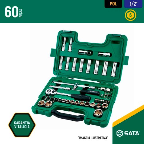 Jogo De Soquetes Sextavados 1/2" Com 58 Peças - Sata