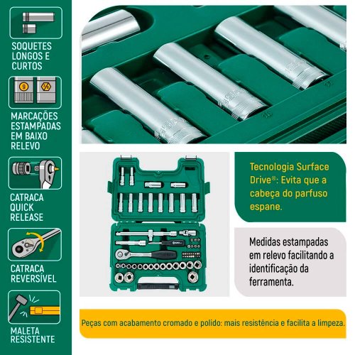 Jogo De Soquetes Sextavados 1/2" Com 58 Peças - Sata