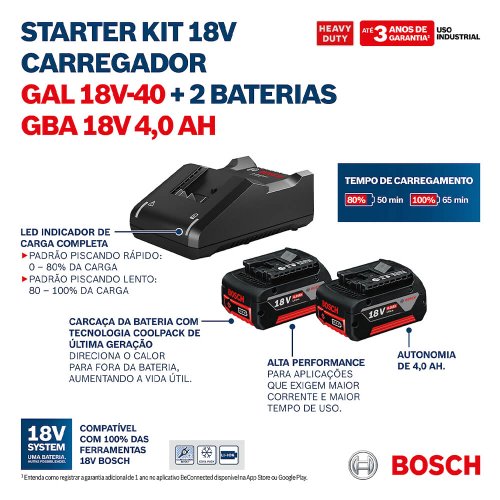 Kit de 2 Baterias GBA 18V 4Ah + Carregador de Baterias GAL 18V-40 Bivolt - Bosch