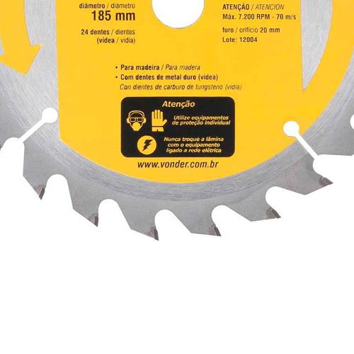 Lâmina de Serra Circular com Dentes de Metal Duro 185mm x 20mm 24D - Vonder