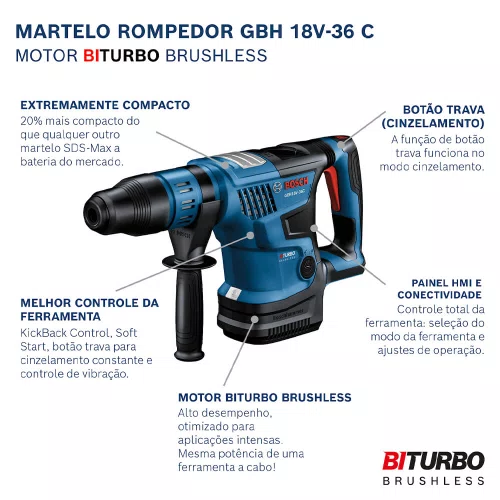 Martelo Perfurador Rompedor à Bateria 18V GBH 18V-36 C - Bosch