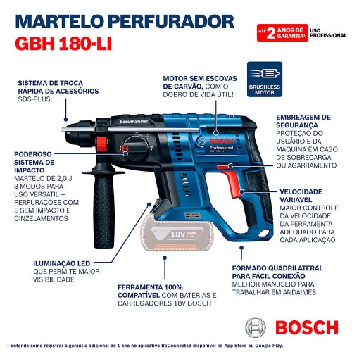 Martelo Perfurador Rompedor à Bateria de 18V GBH 180-LI - Bosch