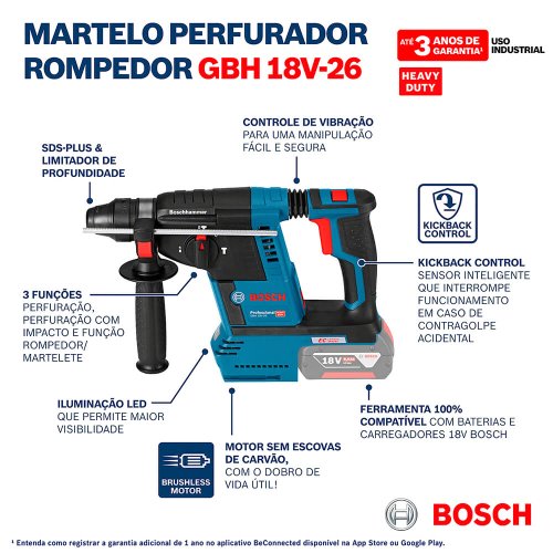 Martelete Bosch a Bateria Perfurador Rompedor 18V GBH 18V-26