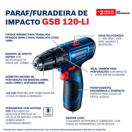 Parafusadeira Furadeira a bateria Bosch GSB 120-LI, 12V - Bosch
