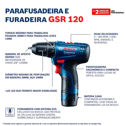 Parafusadeira Furadeira à Bateria Bosch GSR 120-LI + Maleta - Bosch