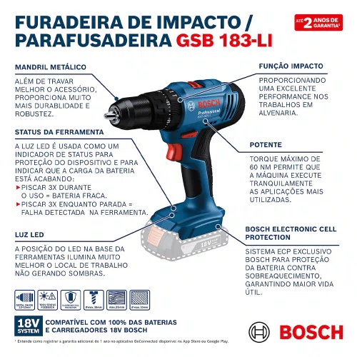 Parafusadeira/ Furadeira de Impacto à Bateria Bosch 18V GSB 183-LI
