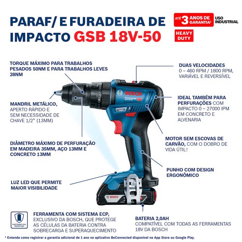 Parafusadeira/ Furadeira de Impacto à Bateria GSB 18V-50 - Bosch