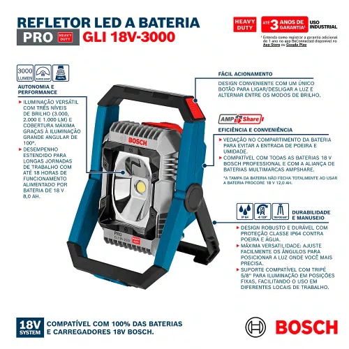 Refletor/ Lanterna Led à Bateria GLI 18V-3000 - Bosch