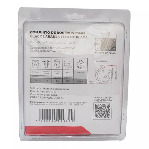 Rodízio com Base Fixa Polietileno Sem Trava 75mm Laranja - Colson