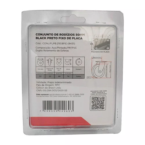 Rodízio Fixo  Black 50mm 50kg com Placa e Roda Preto - Colson