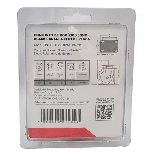 Rodízio Fixo Black 50mm 50kg com Placa Roda Laranja - Colson