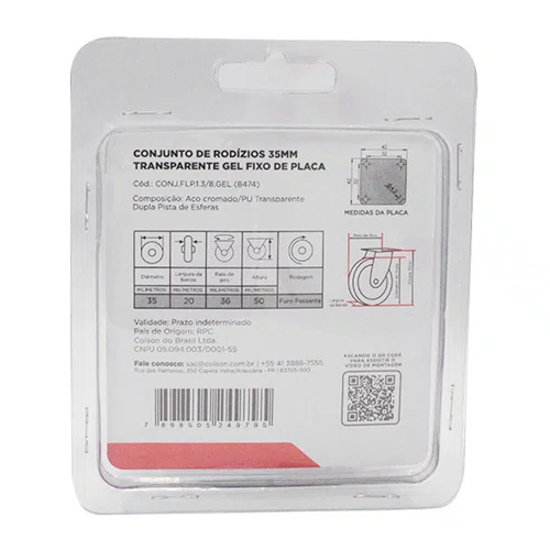 Rodízio Fixo Série Gel 35mm 30kg com Placa e Roda Transparente - Colson