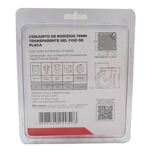 Rodízio Fixo Série Gel 75mm 50kg com Placa Roda Transparente - Colson
