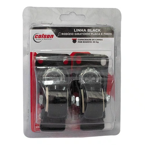 Rodízio Giratório Black 41mm 30kg com Placa e Freio e Roda Preto - Colson