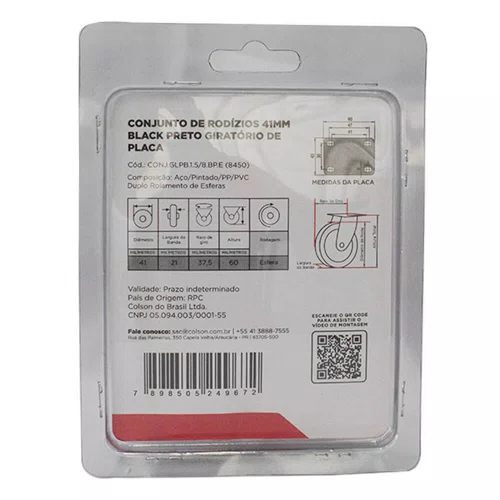Rodízio Giratório Black 41mm 30kg com Placa e Roda Preta - Colson