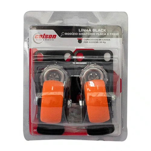 Rodízio Giratório Black 50mm 50kg com Placa e com Freio Roda Laranja - Colson